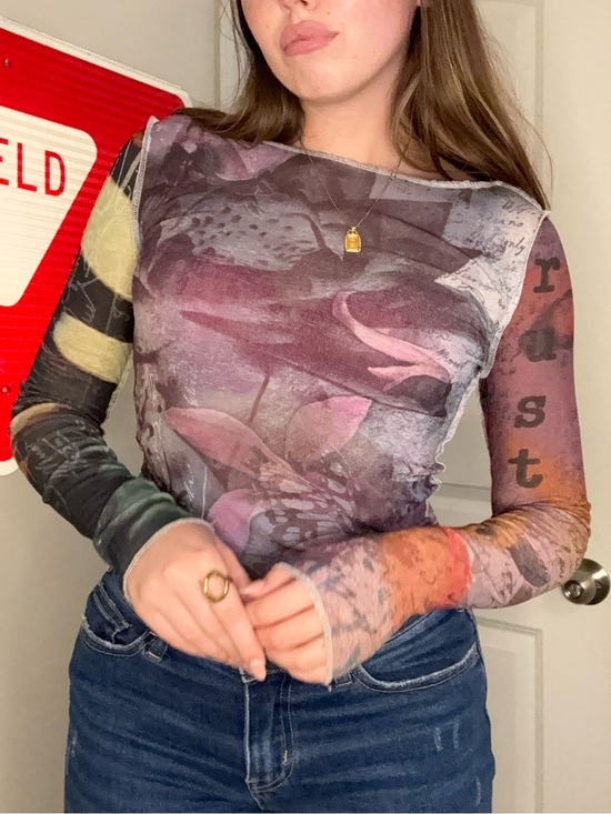 Urban Outfitters Tops - Urban Outfitters Multicolor Printed Sheer Long-Sleeve Mesh Top
